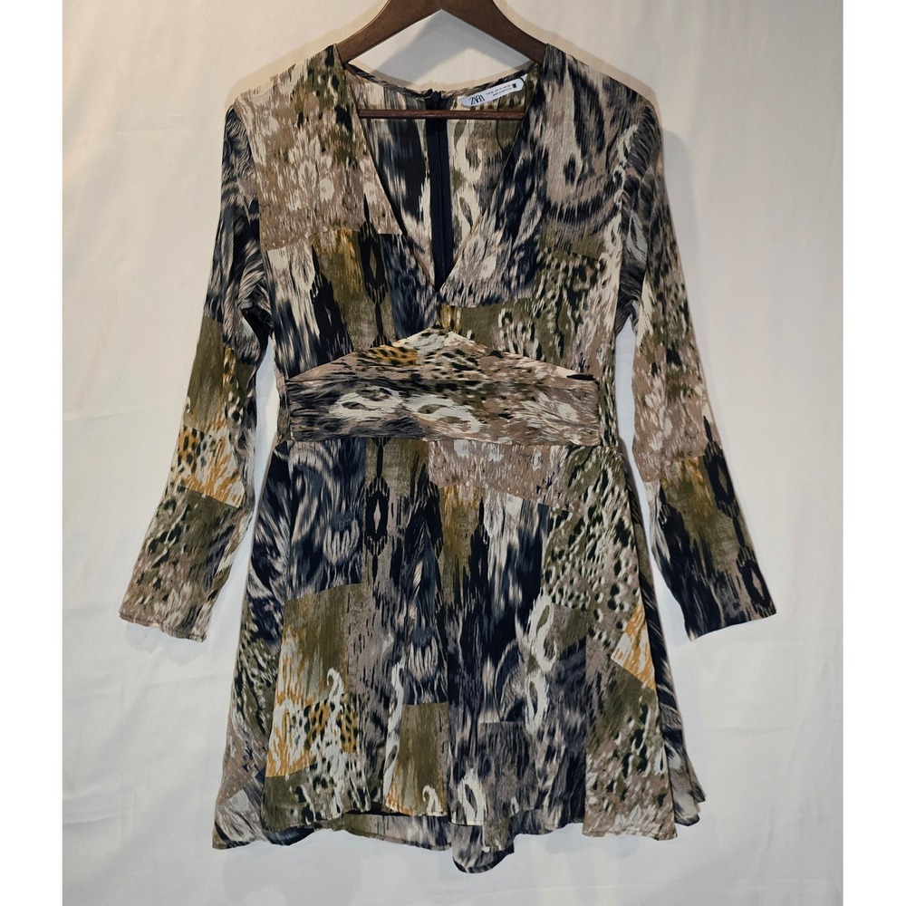 ZARA Abstract Print Long Sleeve V Neck Mini Dress‎ XL